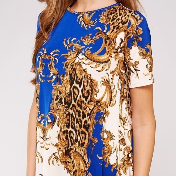 Scarf Print Royal Blue and Gold Silky Dress - Picture 3 of 3